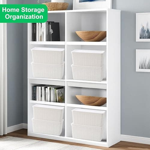 WRRLORS 6 Pack Plastic Storage Baskets with Lid,White Stackable Bins | Durable Woven Plastic With handle Breathable,Save space,For Organizing Desktops, Closets, Playrooms, Classrooms, Offices thumbnail 7