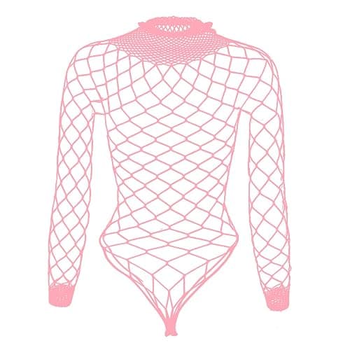 Tosmifairy Fishnet Bodysuit Top for Women Stretch One Piece Long Sleeve Mesh Rave Romper Body Suit - Pink thumbnail 2