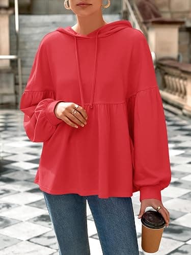 Fisoew Womens Oversized Hoodies Sweatshirts Casual Lantern Long Sleeve Drawstring Peplum Hem Loose Hooded Pullover Tops thumbnail 2