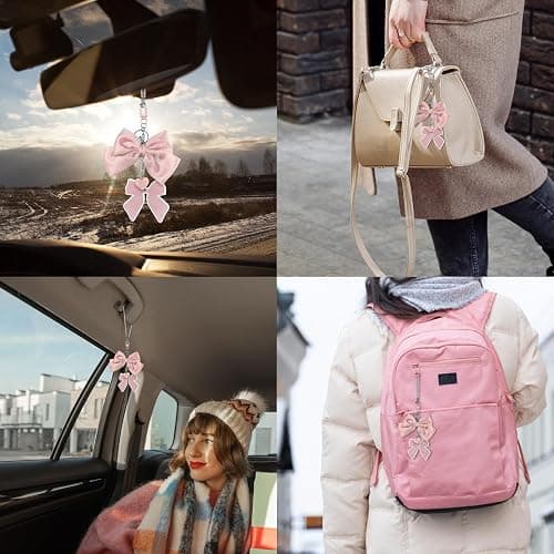 Pink Bow Rear View Mirror Hanging Ornament, Cute Car Accessories for Women & Girls, Car Interior Decor Charm,Rear View Mirror Decorations, Girly Auto Accessories Hanging car Charm thumbnail 8