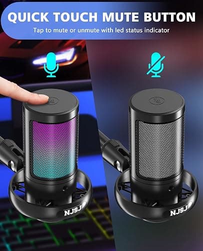 NJSJ USB Microphone for PC, Gaming Mic for PS4/ PS5/ Mac/Phone,Condenser Microphone with Touch Mute, RGB Lighting,Gain knob & Monitoring Jack for Streaming,Podcasting (with Desktop Stand, Black) thumbnail 2