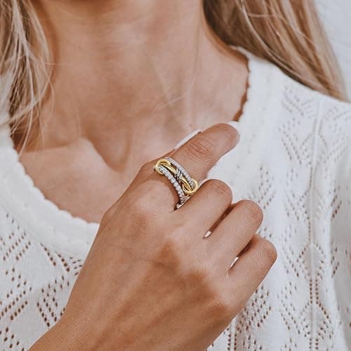 AllenCOCO 14K Gold Plated Stackable Rings, 3 Ring Set with CZ Cubic Zirconia, Gold & Silver Stacked, Interlocking Band for Women Statement thumbnail 6