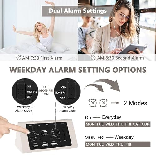 Kogonee Wooden Digital Alarm Clock, 0-100% Dimmer, 2 Alarm Settings, Weekday/Everyday Mode, 9 Mins Snooze, 12/24H, Temperature and Date Display for Office, Travel, Bedroom Alarm Clock (White) thumbnail 4