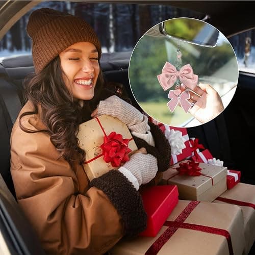 Pink Bow Rear View Mirror Hanging Ornament, Cute Car Accessories for Women & Girls, Car Interior Decor Charm,Rear View Mirror Decorations, Girly Auto Accessories Hanging car Charm thumbnail 6