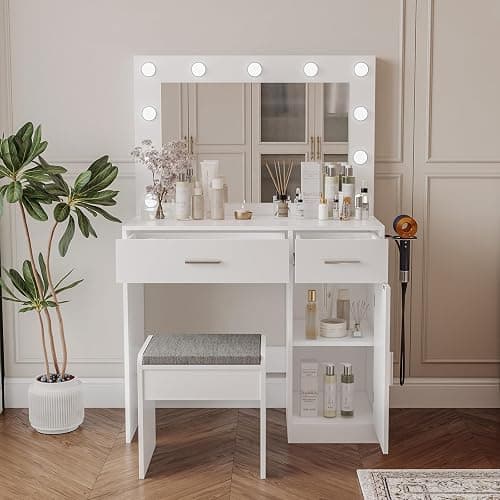 Viaozutis Vanity, Vanity Desk with Mirror, Large Drawer and Power Socket with 11 Light Bulbs and 3 Adjustable Lighting Modes, Vanity Table Ideal for Bedroom (White) thumbnail 5