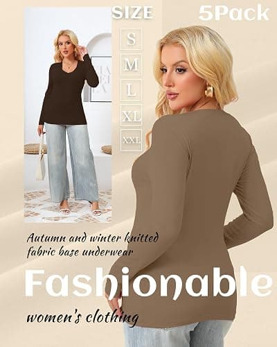 Yearntown 5 Pack Women's Long Sleeve Shirts, V Neck Knit Slim Fitted Tops Basic Solid Casual Tees Fall Winter Tight T Shirts thumbnail 6