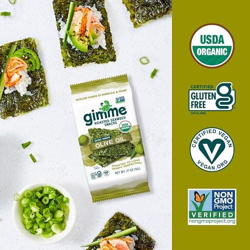 Gimme Seaweed Organic Premium Roasted Seaweed Snacks, Extra Virgin Olive Oil, 20 Count, Keto, Vegan, Gluten-Free, Great Source of Omega3s and Iodine, Healthy On-The-Go Snack for Kids and Adults thumbnail 6