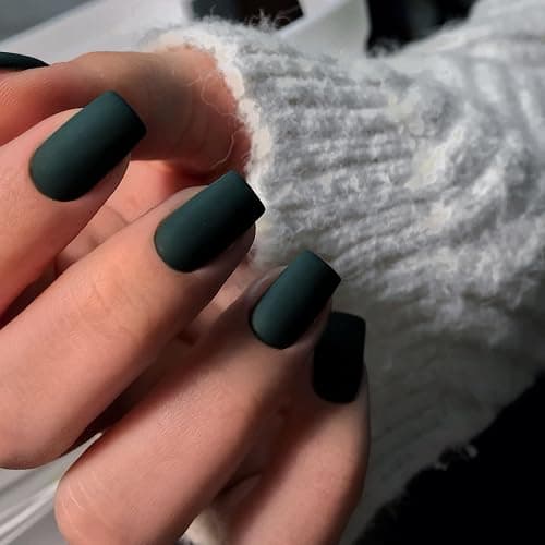 Matte Dark Green Press on Nails Short Medium Square Glue on Nails Set,KQueenest Solid Color Fake Nails Short Coffin Acrylic Nails Press on Gel Nails for Women Reusable False Nails in 24 Pcs - matte dark green - Image 1