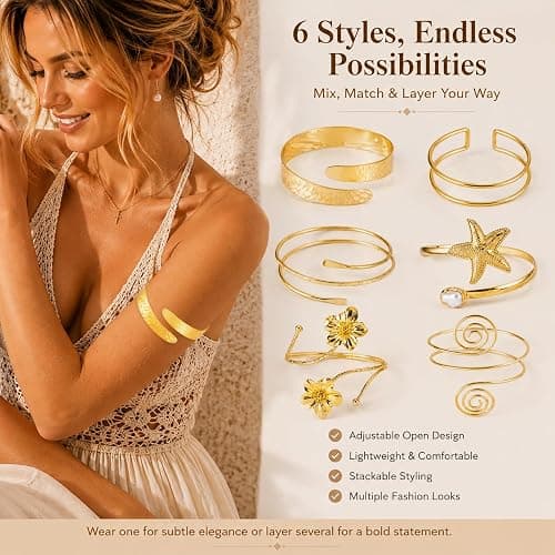 KOVLYNE 6 PCS Boho Gold Arm Cuff Jewelry for Women - Adjustable Minimalist Upper Arm Cuffs Bracelet Bangle Set for Beach Party Gifts thumbnail 2