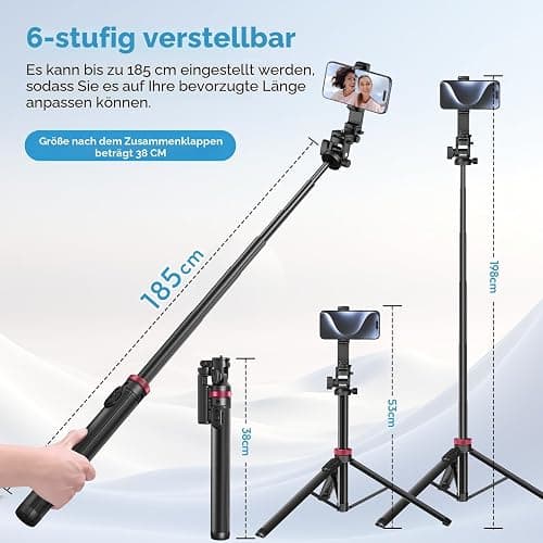 ULANZI MT-78 185cm 3-in-1 Handy Kamera Stativ Ausziehbares Bluetooth Selfie-Stick, Tripod mit 1/4" Schnellwechselplatte, 360°-Kugelkopf, Kompatibel mit Kamera, Sony, Canon, Fuji, iPhone Samsung Huawei thumbnail 2