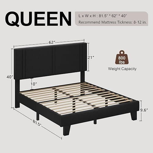 Einhomn Upholstered Queen Size Bed Frame with Linen Fabric Headboard, Strong Wooden Slats Support, Noise Free, No Box Spring Needed, Black thumbnail 2