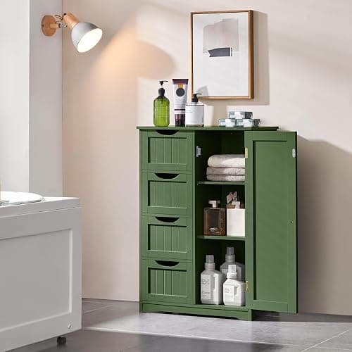 Yaheetech Wooden Bathroom Floor Cabinet, Side Storage Organizer Cabinet with 4 Drawers and 1 Cupboard, Freestanding Entryway Storage Unit Console Table, Bathroom Furniture Home Decor, Green thumbnail 2