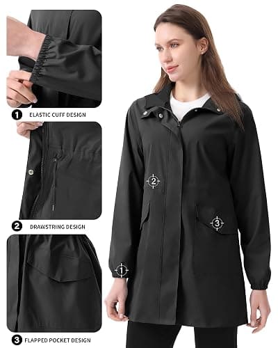 iCreek Women's Long Rain Jacket Waterproof Lightweight Packable Raincoat Hood Windbreaker for Outdoor Hiking, Cycling, Travel thumbnail 5