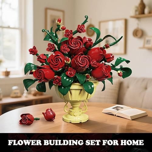 PLAXSOON Rose Flower Building Set, 969 PCS Botanicals Flowers Bouquet Building Block Kit with Pot, Artificial Bonsai Plant Collection Office Home Decor, Birthday Gift for Adults Women Boys Girls 12+ thumbnail 9