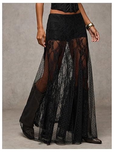 WDIRARA Women's Sexy See Through Sheer Lace Maxi Skirt Low Waist Ruffle Hem A Line Flowy Skirt thumbnail 3