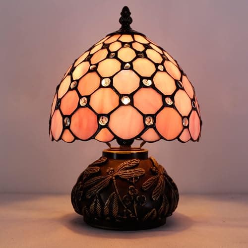 WERFACTORY Small Tiffany Lamp Desk Pink Stained Glass Pearl Bead Mushroom Table Lamp Bronze Mini Accent Lamp W8H11 Inch S005P Series thumbnail 4