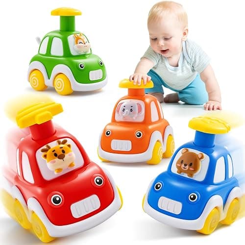 Press and Go Car Toys for Toddlers 1-3, 4 Pack Animal Baby Car Toys for 1 2 Year Old Boy, Push Go Friction Vehicle Toys for Infants 6-9-12-18 Months, One First Birthday Gifts for Boys Girls - Image 1