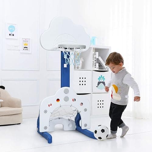 Costzon Kids Basketball Hoop, Toddler Sports Activity Center w/ 5 Adjustable Height Levels, Basketball Soccer Golf Game Set, Indoor Outdoor Basketball Hoop Set Best Gift for Baby Infant White Clouds - White Clouds - 22” x 20'' x 58.5''(L X W X H) thumbnail 2