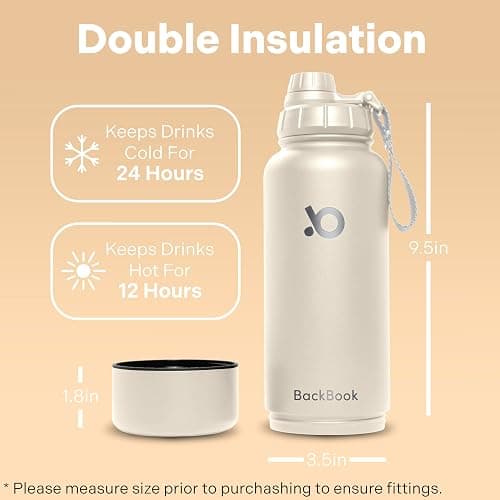 BackBook 32 oz Insulated Sports Water Bottle With 8 oz Storage Compartment, Double Wall Leak Proof Stainless Steel Bottle With 2 Lids for Sports and Travel, Cold and Hot Drinks, BPA-Free - Almond thumbnail 3