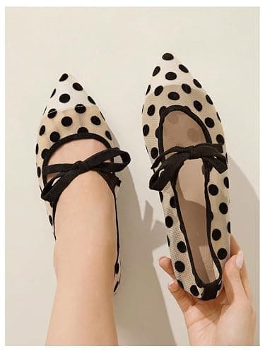 BEAUDRM Women's Polka Dots Mesh Ballet Flats Cute Lace Ballerina Flats | Closed Toe, Square Maryjane Flat, Dressy Casual Work Shoes, Leopard, Lace, Floral, Wedding thumbnail 4