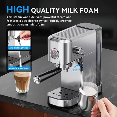 XIXUBX 20Bar Espresso Machine, Compact Espresso Maker with Milk Frother, Stainless Steel Coffee Machine for Cappuccino&Latte, 42oz Water Tank, Visible Pressure Gauge, Home&Office, Silver thumbnail 6
