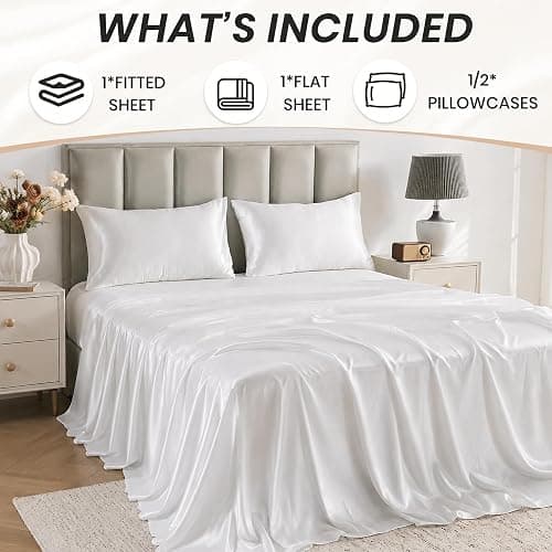 Silk Satin Sheets Queen, Silky Fitted Bed Sheets with 10" Deep Pocket Summer Cooling Sheets Luxury Hotel Satin Pink Fitted Sheets + Flat Sheet + Pillowcases thumbnail 2