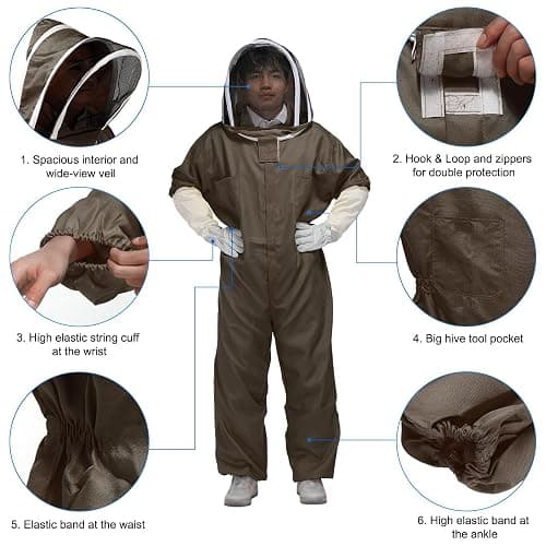 HARFINGTON Bee Suit for Men Women XXL Beekeeping Suit Outfit with Gloves and Veil Hood (Jacket, Pants, Gloves) Bee Suits for Adult Backyard Professional and Beginner Bee Keeper, Coffee thumbnail 4
