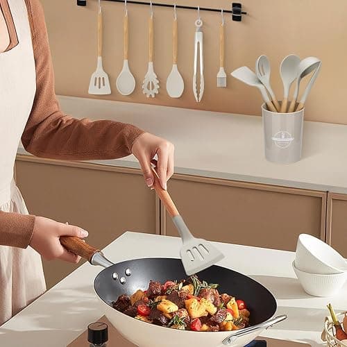 FIOUSY Kitchen Utensil Set, 12 PCS Silicone Cooking Utensils Set with Wooden Handle, Heat Resistant, Nonstick Cookware Tongs Spatula Spoon Set, Dishwasher Safe, Best Kitchen Tools (Khaki) thumbnail 2