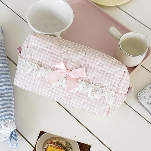 Aniute Floral Quilted Pencil Case with Bow Large Capacity Aesthetic Pen bag Makeup Bag Cute Cosmetic Organizer Pouch Stationery Storage Bag for School Office Travel (Pink heart) thumbnail 3