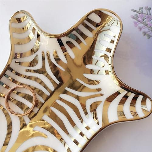 NUYKOUY Zebra Stripe Jewelry Tray Ceramic Dishes Plate Gilded 5.9", Gold thumbnail 4