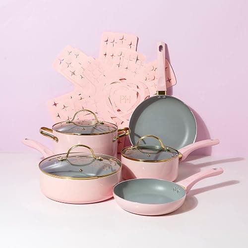 Paris Hilton Epic Nonstick Pots and Pans Set, Multi-layer Nonstick Coating, Tempered Glass Lids, Soft Touch, Stay Cool Handles, Made without PFOA, Dishwasher Safe Cookware Set, 12-Piece, Pink thumbnail 10