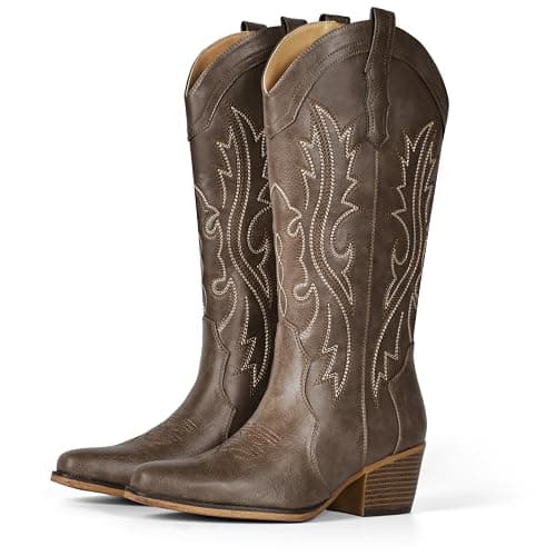 IUV Cowboy Boots For Women Western Cowgirl Boots with Chunky Heel Mid Calf Snip Toe Ideal for low insteps - Image 1