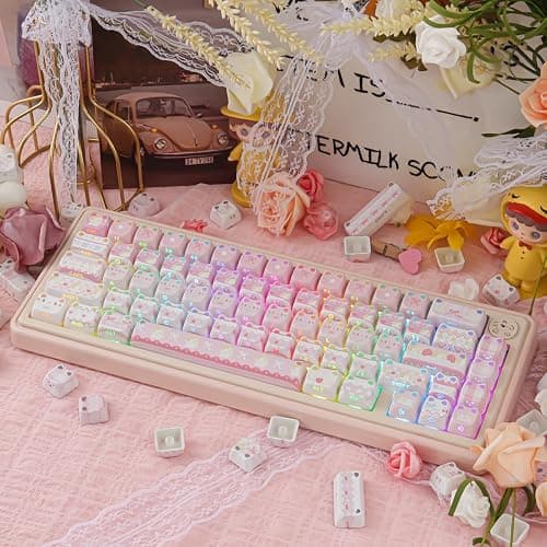 TYRIXKI PBT Keycaps - Pink Meow Meow Keycap, 113 Keys Side Print Shine Through Cute Keycap, Mao Profile Custom Cat Keycaps for 60 65 75 100 Percent Cherry MX Mechanical Keyboard thumbnail 3
