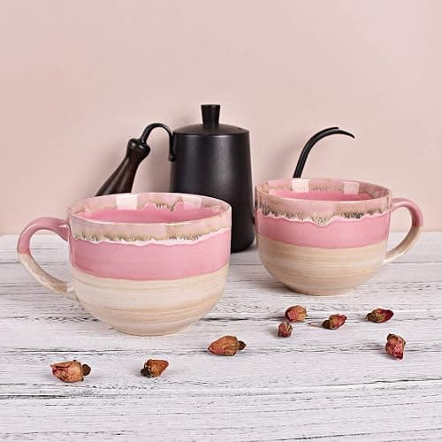 Bosmarlin Large Ceramic Coffee Mug Set of 2, Stoneware Jumbo Latte Mugs Tea for Office and Home, 16 Oz, Dishwasher and Microwave Safe(Pink, 2) thumbnail 2