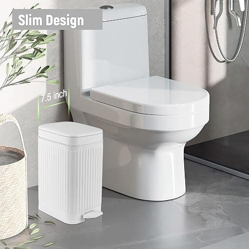 Small Bathroom Trash Can with Lid, 1.9 Gallon Slim Soft Close Step, White | Garbage Can with Pedal for Office, Bedroom, Kitchen & Living Room, Narrow Plastic Wastebasket Container for Small Spaces thumbnail 2