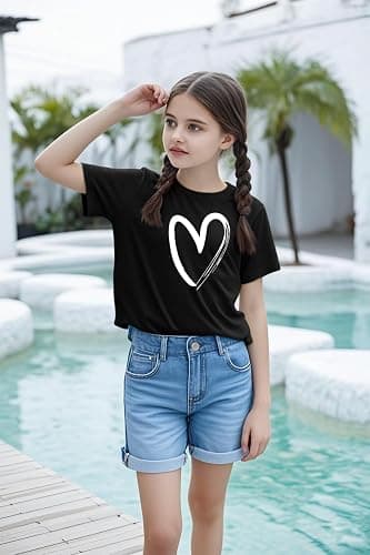 APWEQATA Girls Short Sleeve T Shirts Kids Summer Tops Crewneck Basic Graphic Tees 5-14 Years thumbnail 5