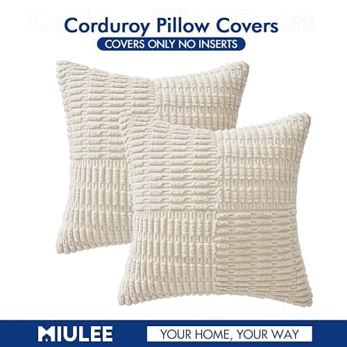 MIULEE Cream White Corduroy Pillow Covers Pack of 2 Boho Decorative Spliced Throw Pillows Soft Solid Couch Pillowcases Patchwork Textured Cushion Covers for Living Room Sofa 18x18 inch - 45L x 45W cm (Pack of 2) - Cream White thumbnail 7