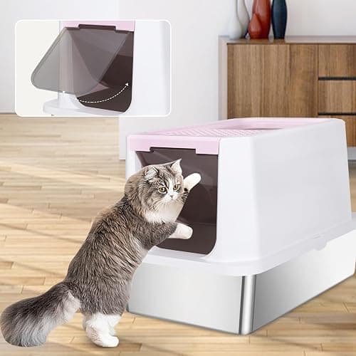 RIZZARI Enclosed Cat Litter Box: Pink Stainless Steel Odorless Litter Box with Top Holes - Anti Leakage - Large Litter Pan for Small to Large Sized Cats in Living Room Garage thumbnail 8