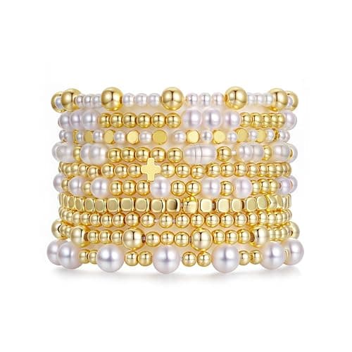 COLOYAN 10PCS Gold Bracelets for Women Stack, Cross Beaded Strand Bead Ball Stackable Gold Bracelet, Pearl Beaded Bracelets Elastic Bracelet Set - Image 1