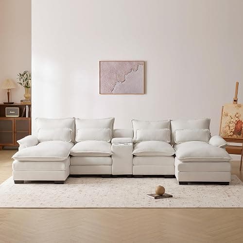 mikibama Luxury Modern 123'' U Shaped Sofa for Living Room, 4 Seater Comfy Cloud Couch Sleeper, Upholstered Sectional Couch Set with Console, Cup Holders & USB Ports, Chenille, White thumbnail 3