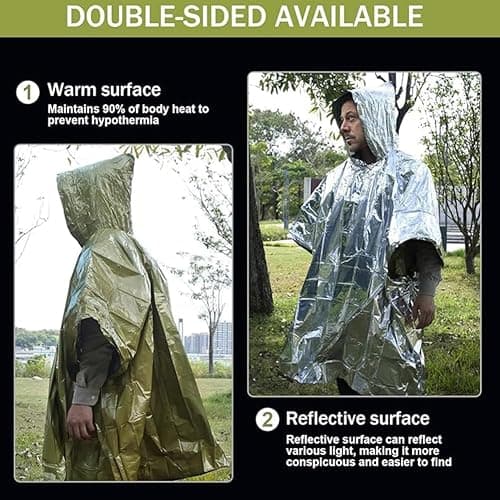 Kanuothbon Emergency Survival Poncho (4pc) Thermal Mylar Foil Coating Blanket for Heat Retention and Rain | Reversible with Hood | Waterproof, Windproof, Portable thumbnail 5