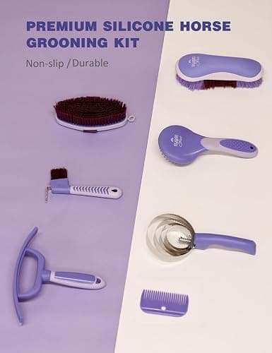Furrishine 9PCS Horse Grooming Kit Curry Comb Sweat Scraper Horse Bathing Supplies Grooming Tools with Storage Bag Sugar Taro thumbnail 3