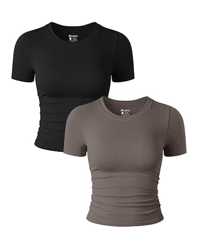 OQQ Womens 2 Piece Shirts Short Sleeve Crew Neck Ruched Stretch Fitted Tee Shirts Crop Tops - Image 1