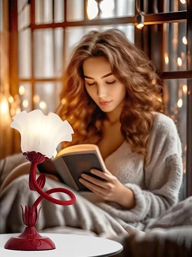 AQDZCNF Flower Table Lamp,LED Reading Light Bedside Vintage Flower Night Light,3 Colors Modes Kawaii Bedside Lamps Decor,Living Room Bedroom Room Lighting Table Lamps Home Decoration (Red) thumbnail 7