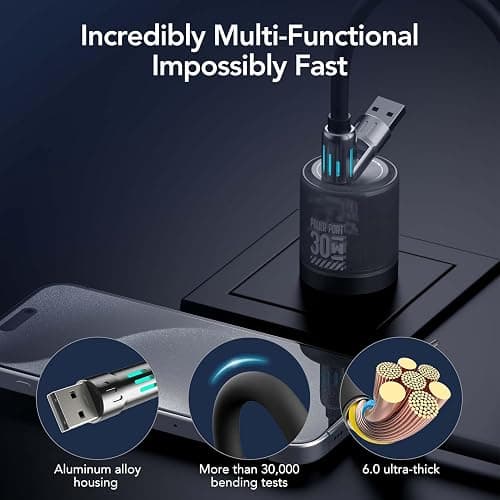 MFish 4-in-1 USB Charging Cable with Carrying Case, 240W Fast Charger Cord, USB-A & Dual USB-C to USB-C/Lightning, for iPhone 17/16/15/14, iPad, MacBook & More (Rich Black) thumbnail 5