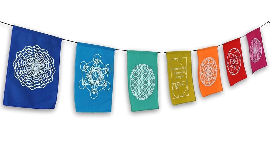 Sacred Geometry Rainbow Prayer Flags Positive Energy Shri Yantra, flower of life, seed of life, (9X12 multi) Our flags are hand printed and stitched by a Balinese family in indonesia thumbnail 3