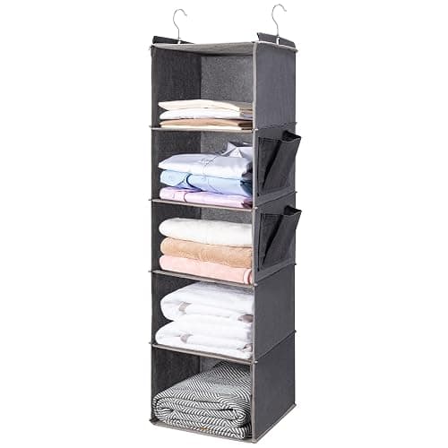 Hanging Closet Organize and Shelves，5-Hanging Shelf with 2 Side Pockets，Storage Foldable （Grey） - Image 1
