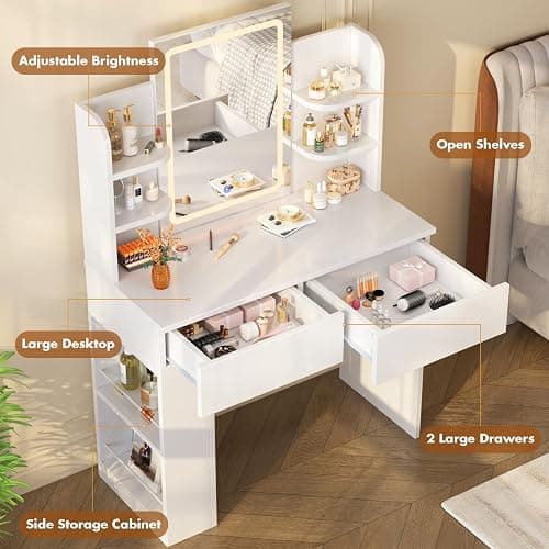 Devoko Dressing Table with LED Lighting Mirror,3 Light Colors,Adjustable Brightness,Vanity Table,Makeup Desk with 2 Drawers and 4 Storage Shelves, 90 x 40 x 135 cm, Modern White thumbnail 3