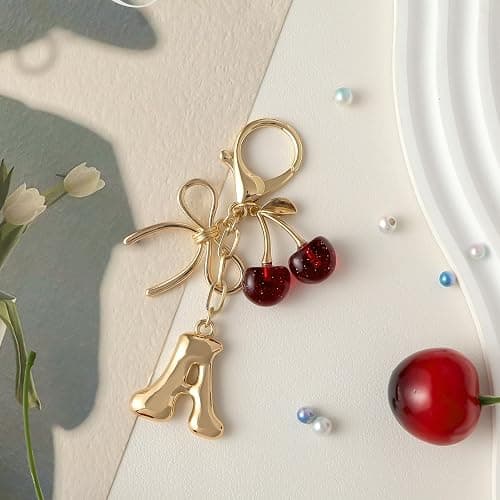 Snycler Bubble Initial Keychain with Bow & Cherry - Gold Letter Bag Charms for Women, Cute Purse Handbag Accessories thumbnail 6
