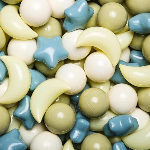 GOGOSO Ball Pit Balls Stars Moon Shapes Plastic Pitballs for Toddler Play Tent Baby Photo Props Kids Pool Water Toys Kiddie Pool Party Decor, Cream Blue+Yellow+Green+White,100PCS - Image 1